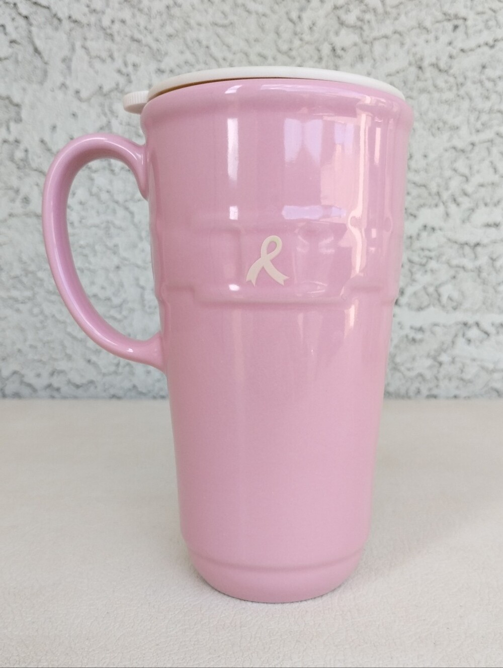 Longaberger Pink Ceramic Travel Mug with Lid - Breast Cancer Awareness